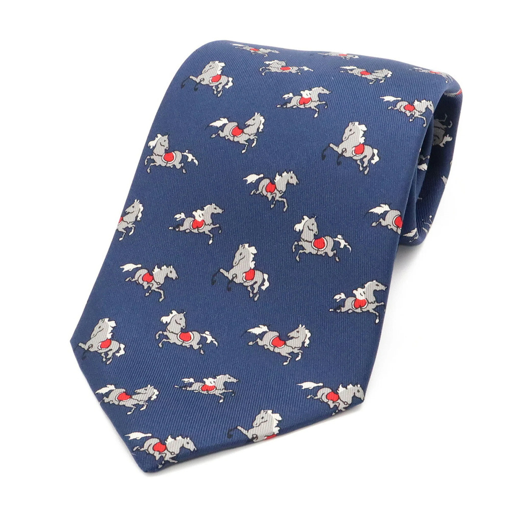 HERMES tie, horse motif, 100% silk, navy blue.
